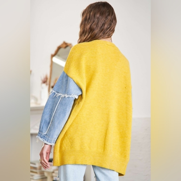 Yellow and Denim Sleeve Women's Sweater - Picture 3 of 6